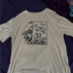 SHEIN Cream Graphic Tee with Skull and Mushroom Design